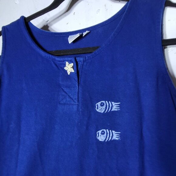 Blue Fish Painted Maxi Dress Size Small Lagenlook Linen Beach Art to Wear Summer - Picture 4 of 11